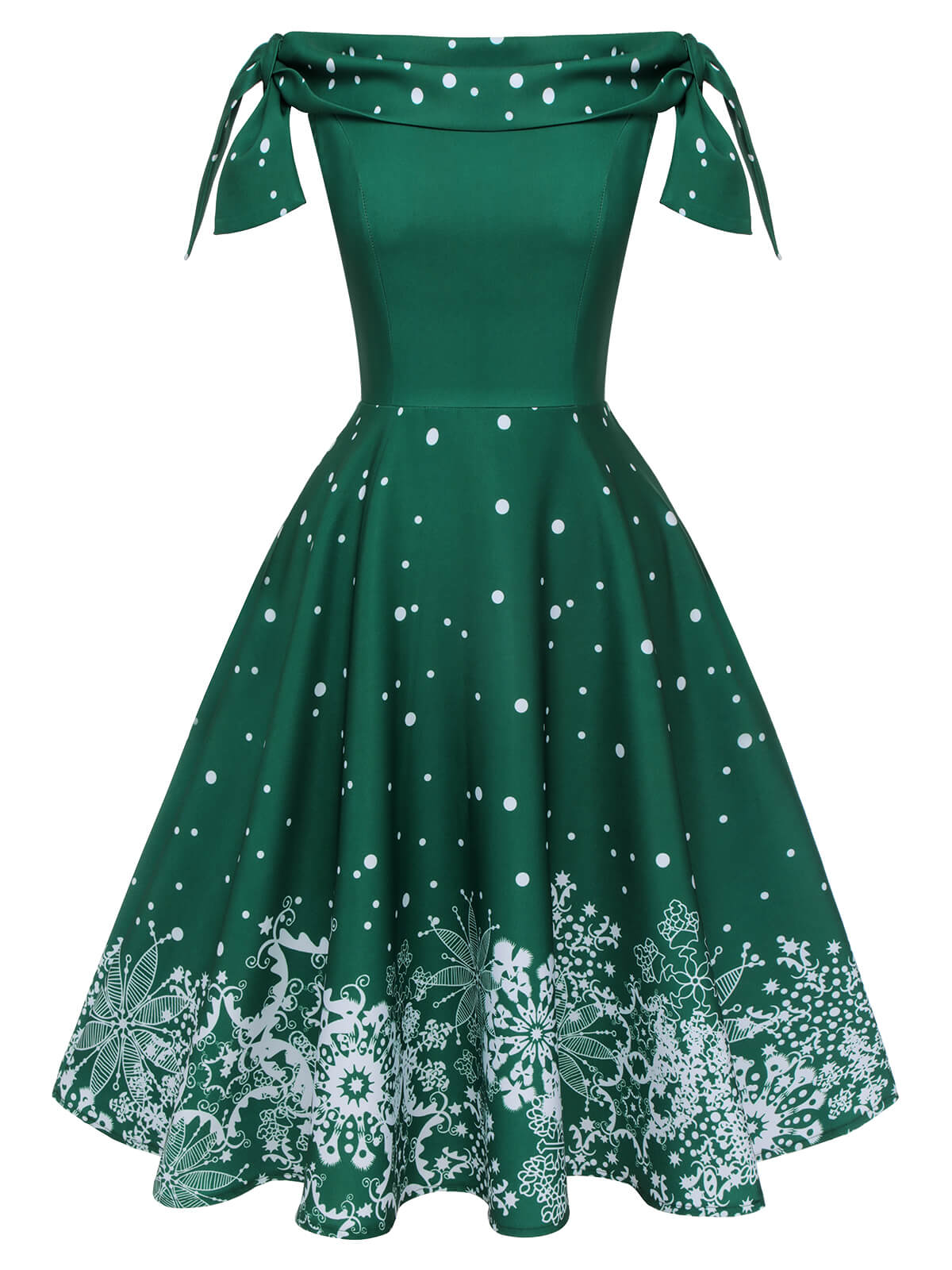 Rot 1950er Weihnachten Schulterfrei Schneeflocke Kleid - Image 5