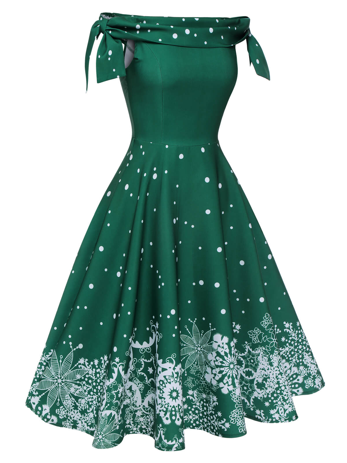 Rot 1950er Weihnachten Schulterfrei Schneeflocke Kleid - Image 6