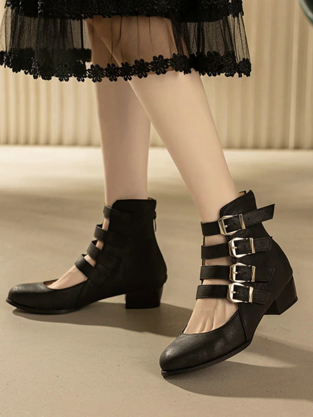 Runde Spitze Niedrig Blockabsatz Cut-Out Stiefel - Image 2