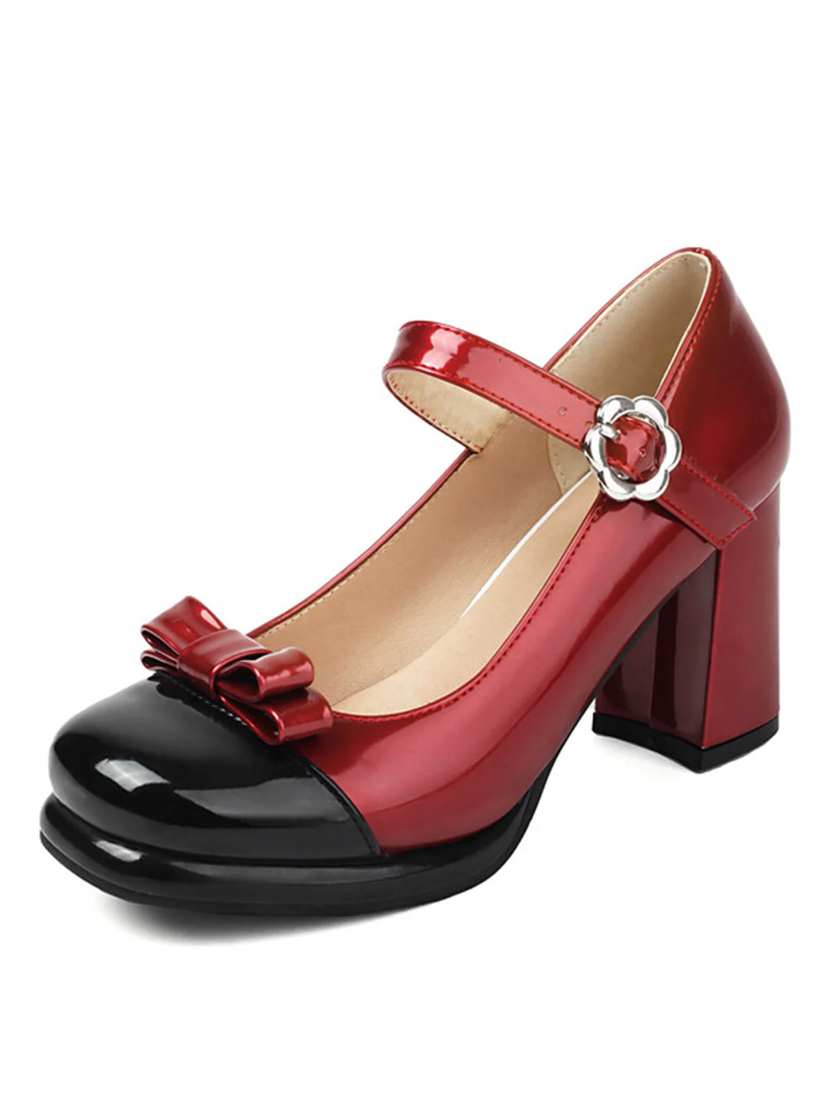 Runde Zehe Farbblock Lack Leder High Heels - Image 8