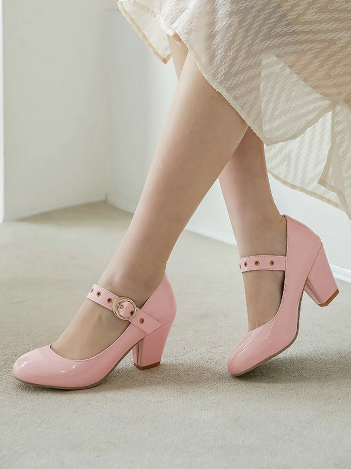 Runde Zehe Lackleder Schnalle High Heels - Image 5