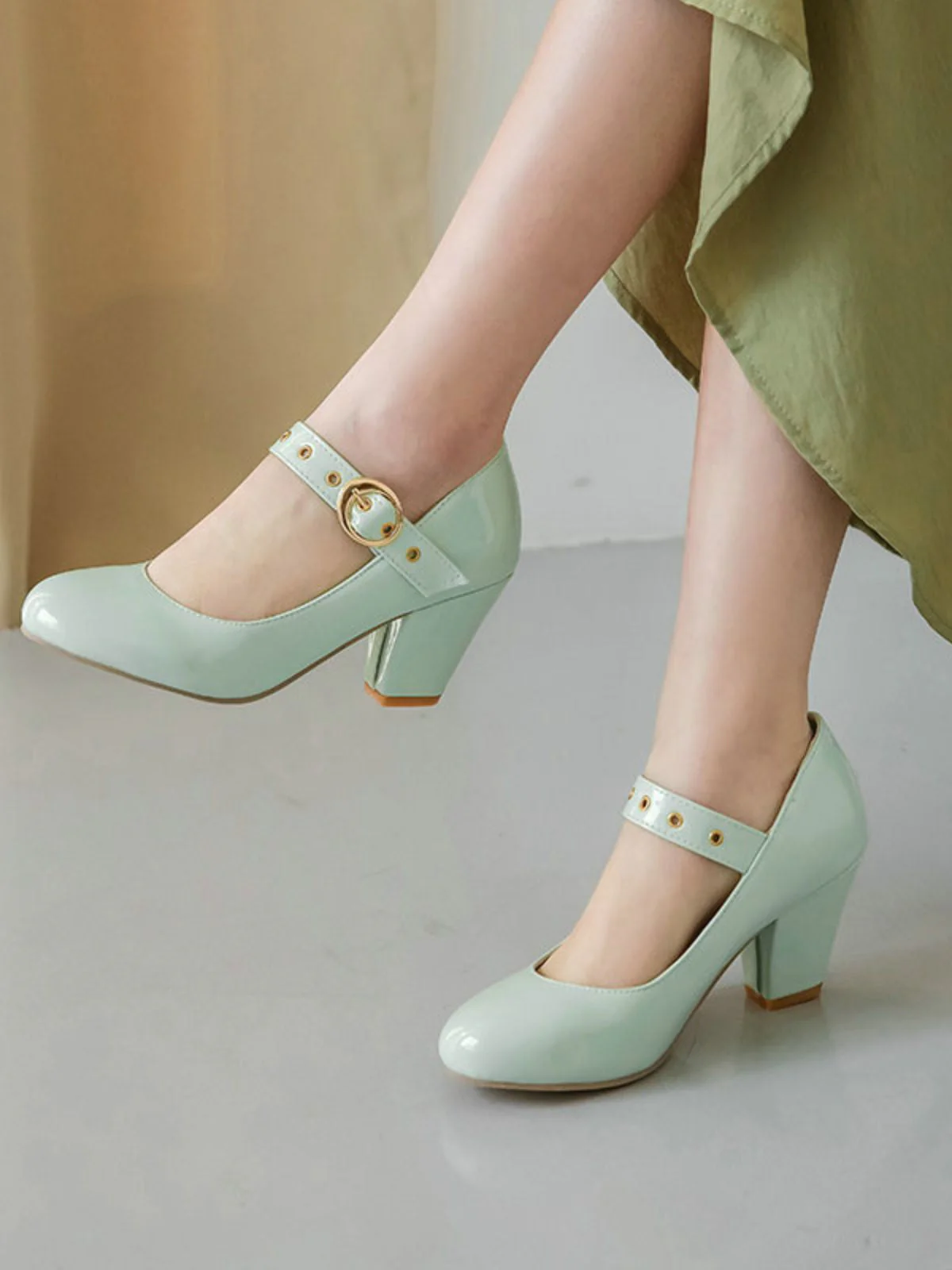 Runde Zehe Lackleder Schnalle High Heels - Image 7