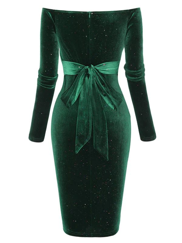 Dunkelgrün 1960er Solide Schulterfrei Samt Bleistiftkleid - Image 4