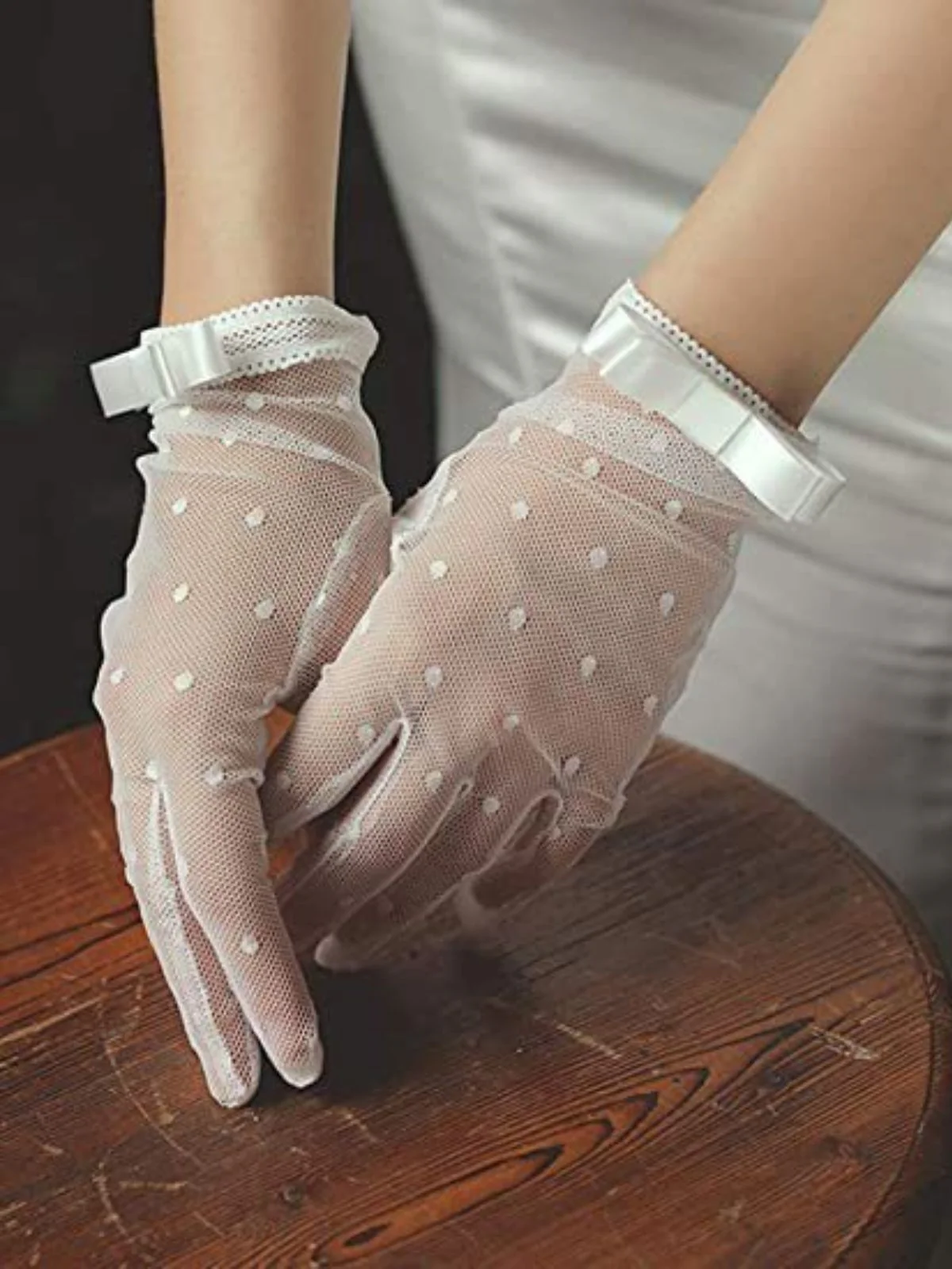 Schwarz Schleife Knoten Tupfen Netz Handschuhe - Image 3