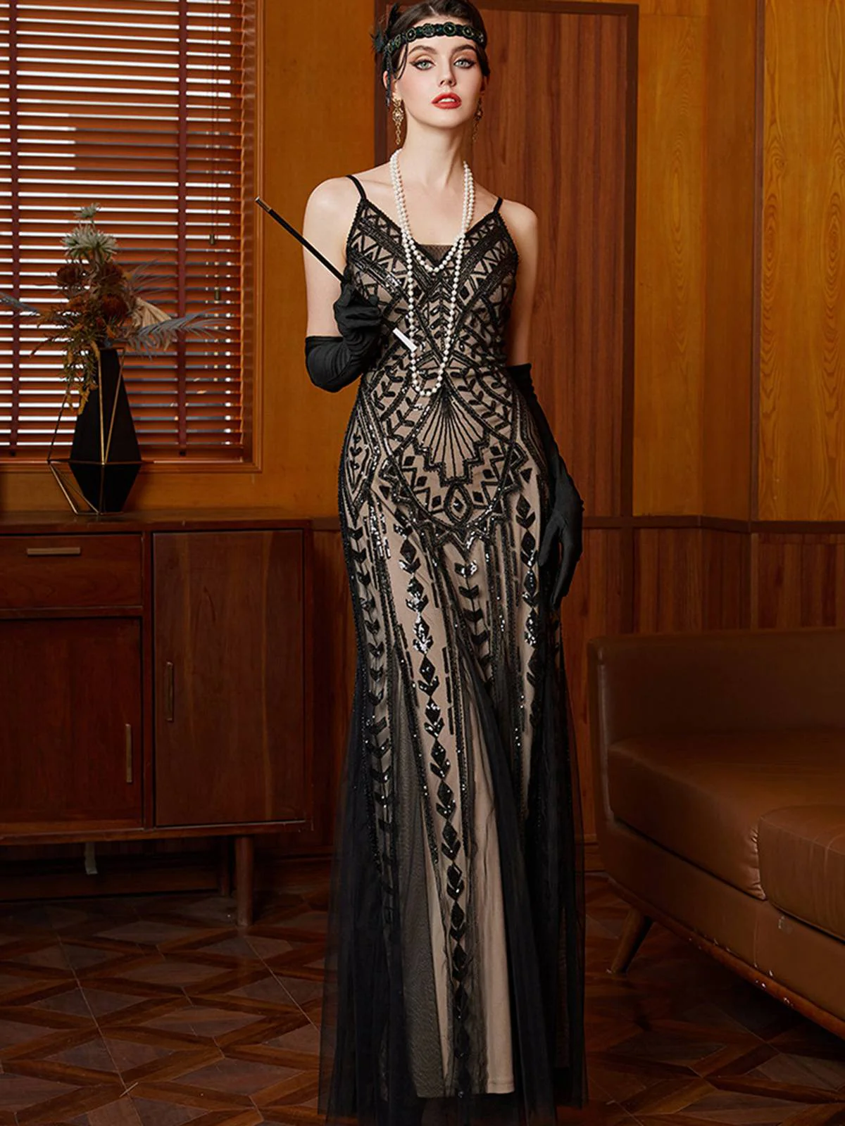 Schwarz 1920er Gatsby Pailletten Netz Maxi Abend Kleid - Image 2