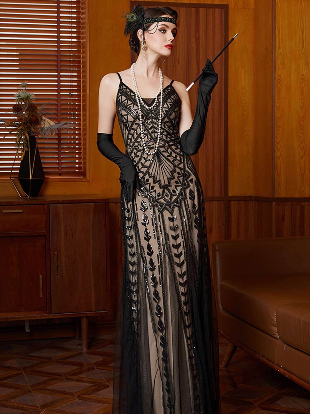 Schwarz 1920er Gatsby Pailletten Netz Maxi Abend Kleid - Image 3