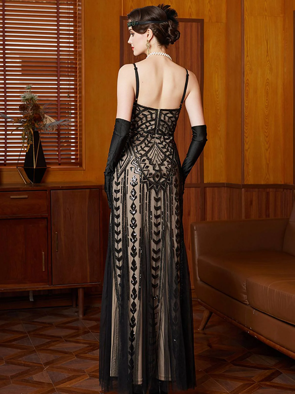 Schwarz 1920er Gatsby Pailletten Netz Maxi Abend Kleid - Image 4