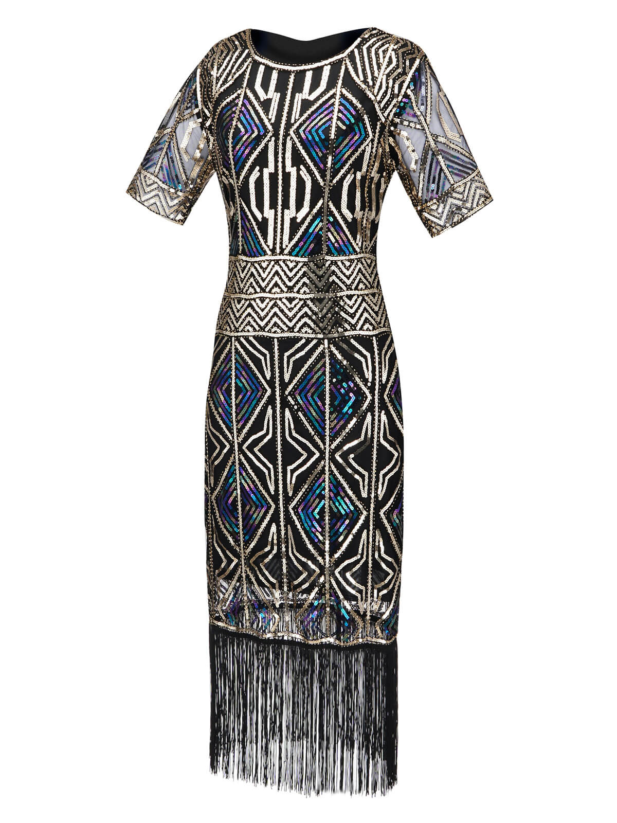 SCHWARZ 1920ER HALBE ÄRMEL PAILLETTEN FRANSEN KLEID - Image 2