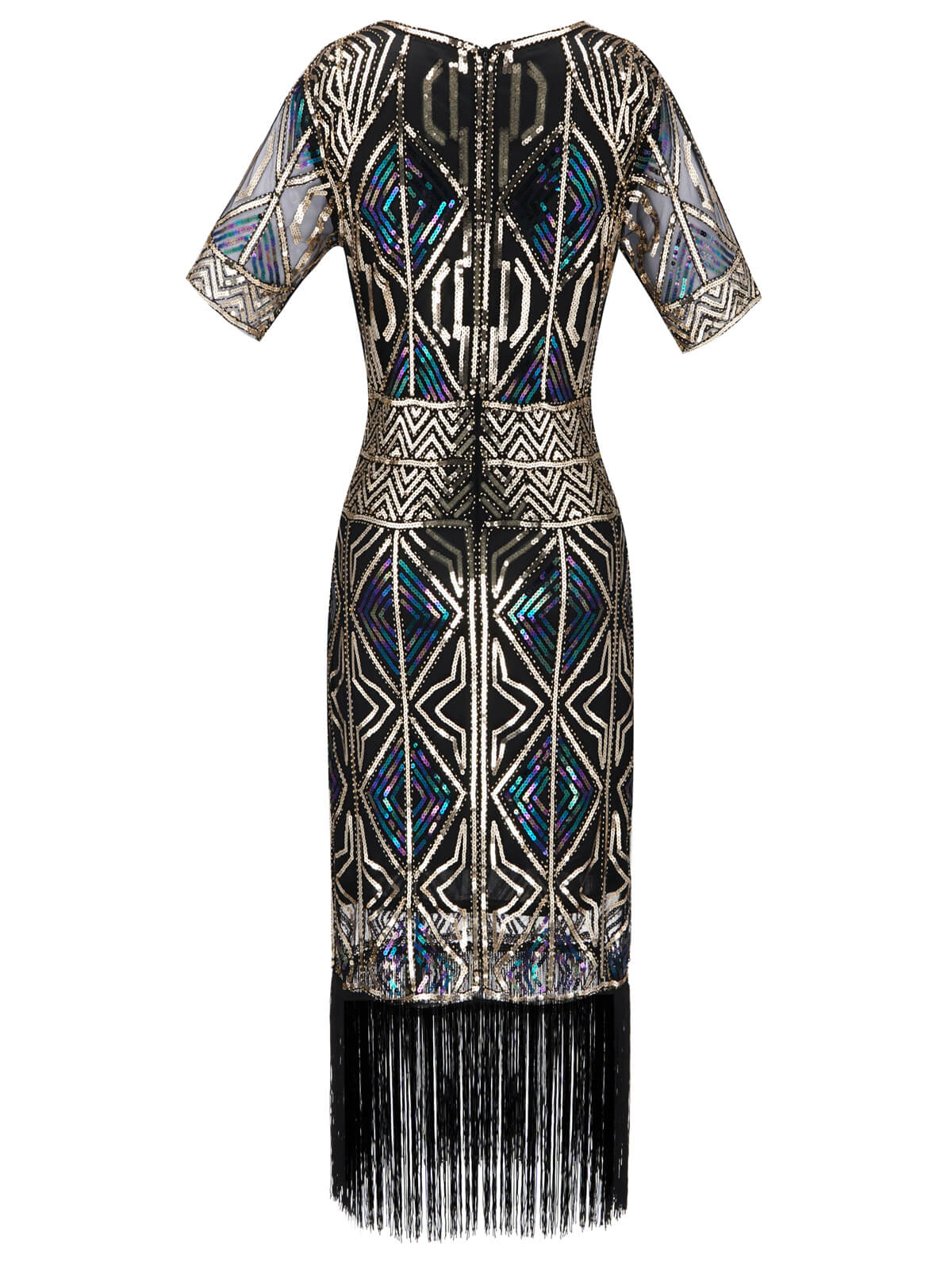 SCHWARZ 1920ER HALBE ÄRMEL PAILLETTEN FRANSEN KLEID - Image 3