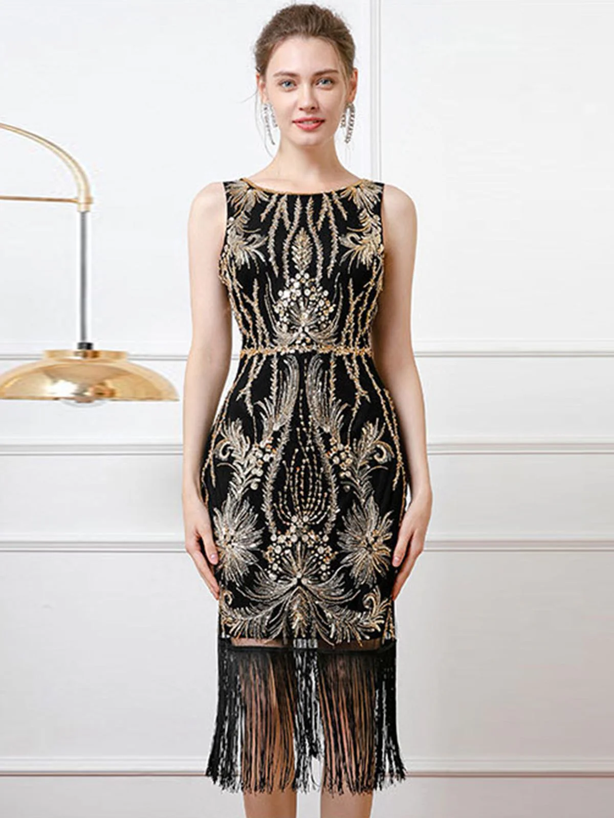 Schwarz 1920er Pailletten Flapper Rückenfrei Ärmellos Kleid - Image 2