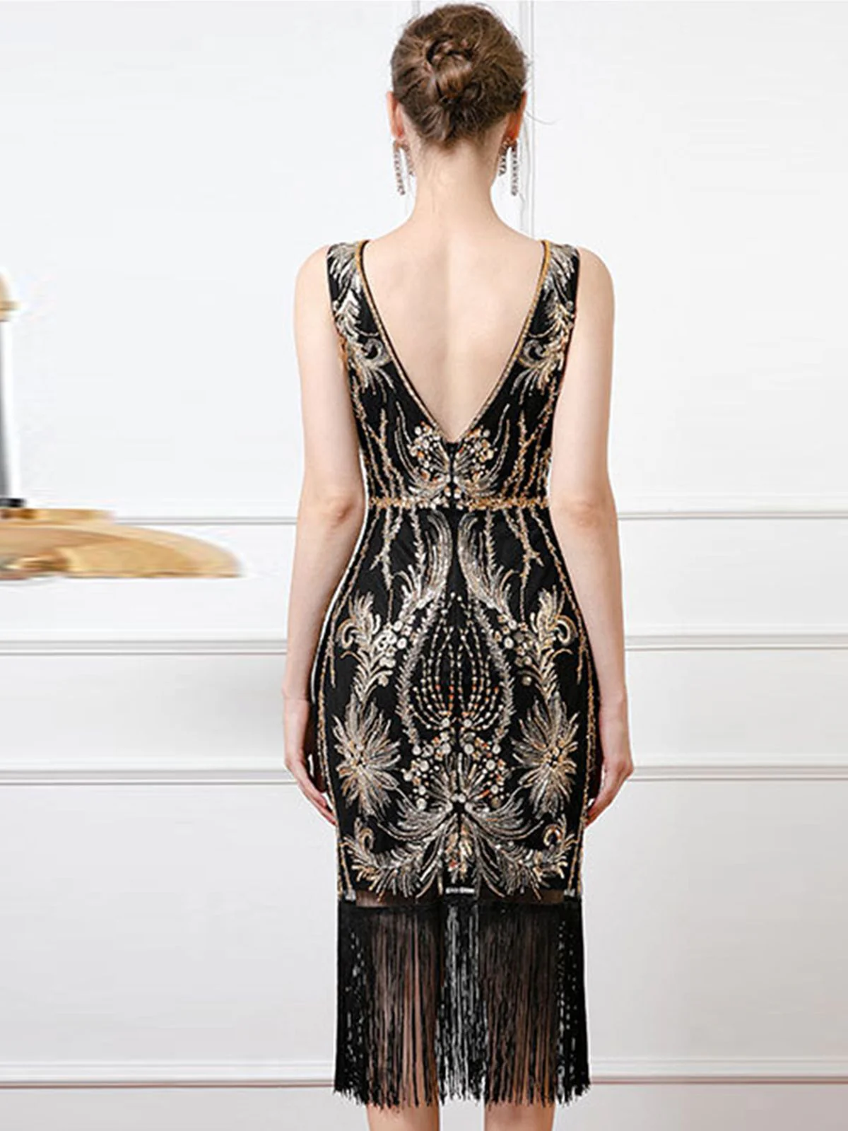 Schwarz 1920er Pailletten Flapper Rückenfrei Ärmellos Kleid - Image 4