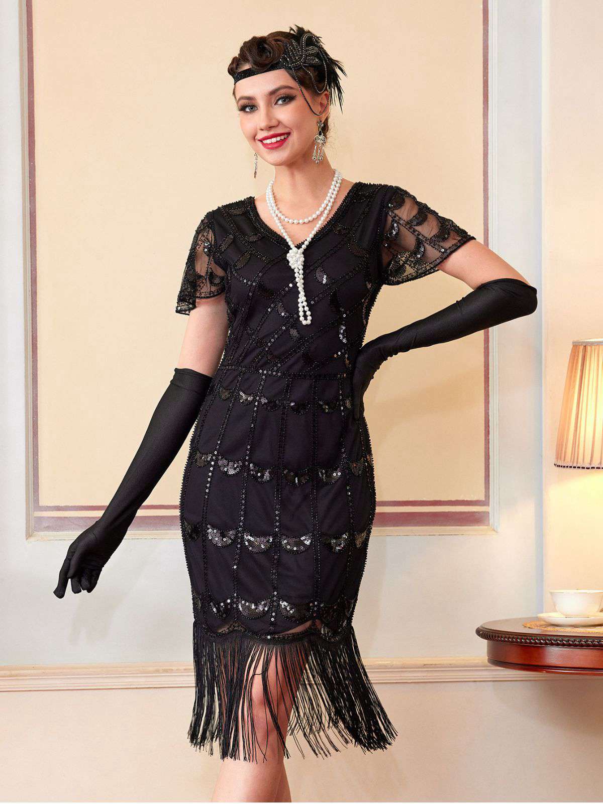 Schwarz 1920er Pailletten Perlen Fransen Flapper Kleid