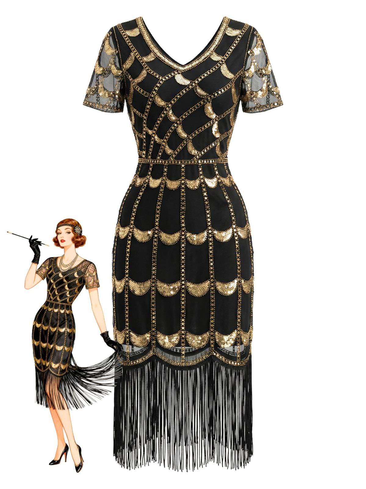 Schwarz 1920er Pailletten Perlen Fransen Flapper Kleid - Image 3