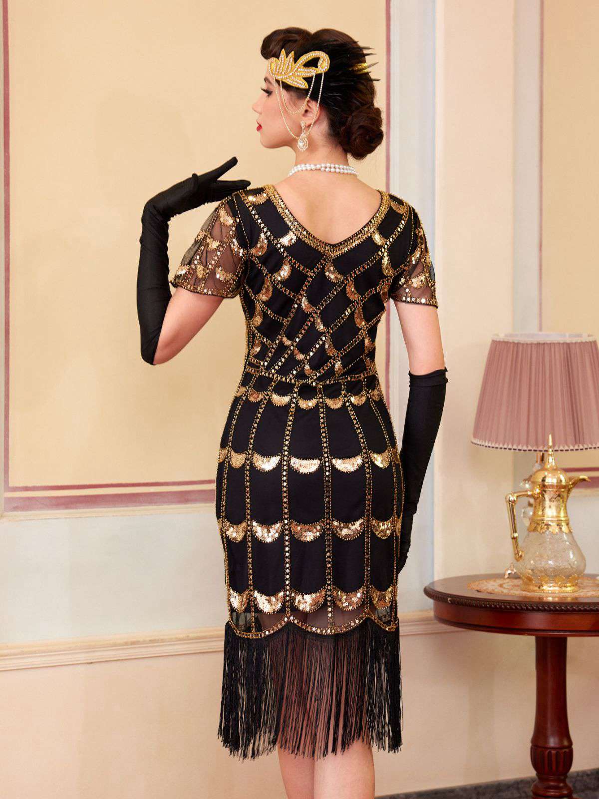 Schwarz 1920er Pailletten Perlen Fransen Flapper Kleid - Image 6