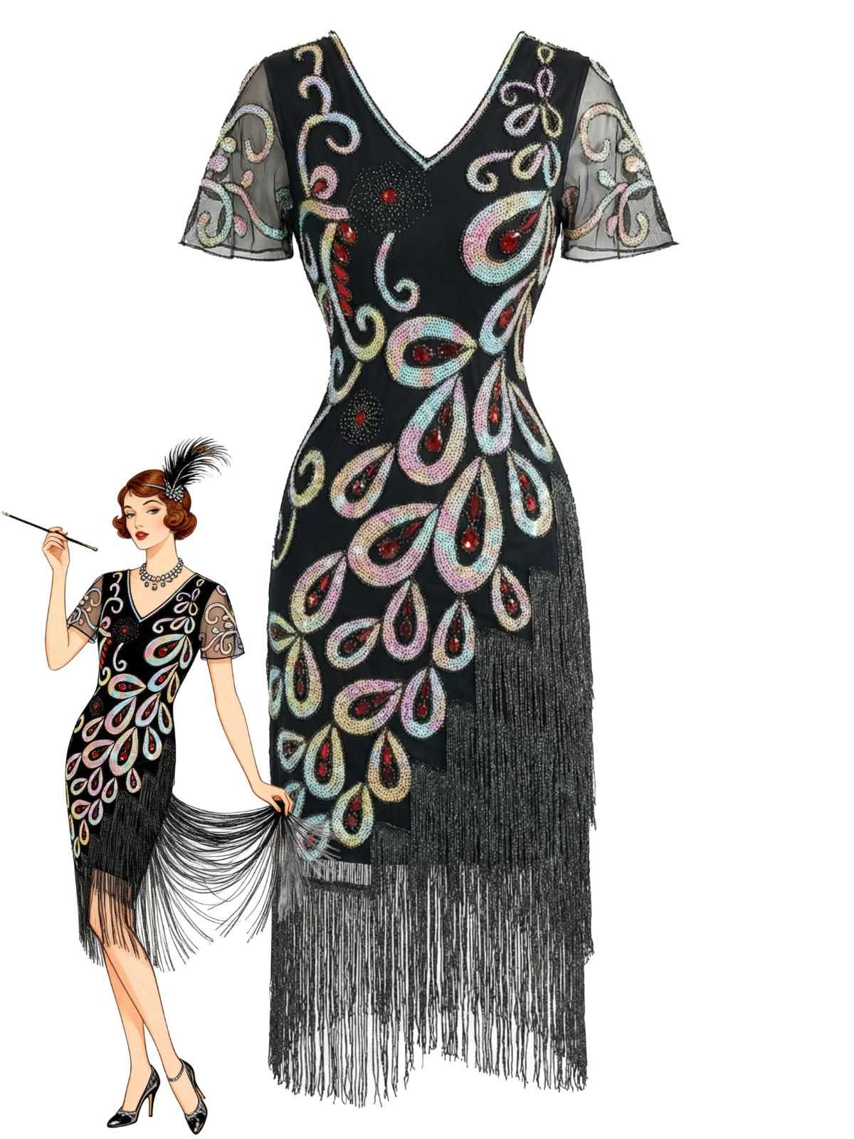Schwarz 1920er Pfau Pailletten Perlen Fransen Flapper Kleid