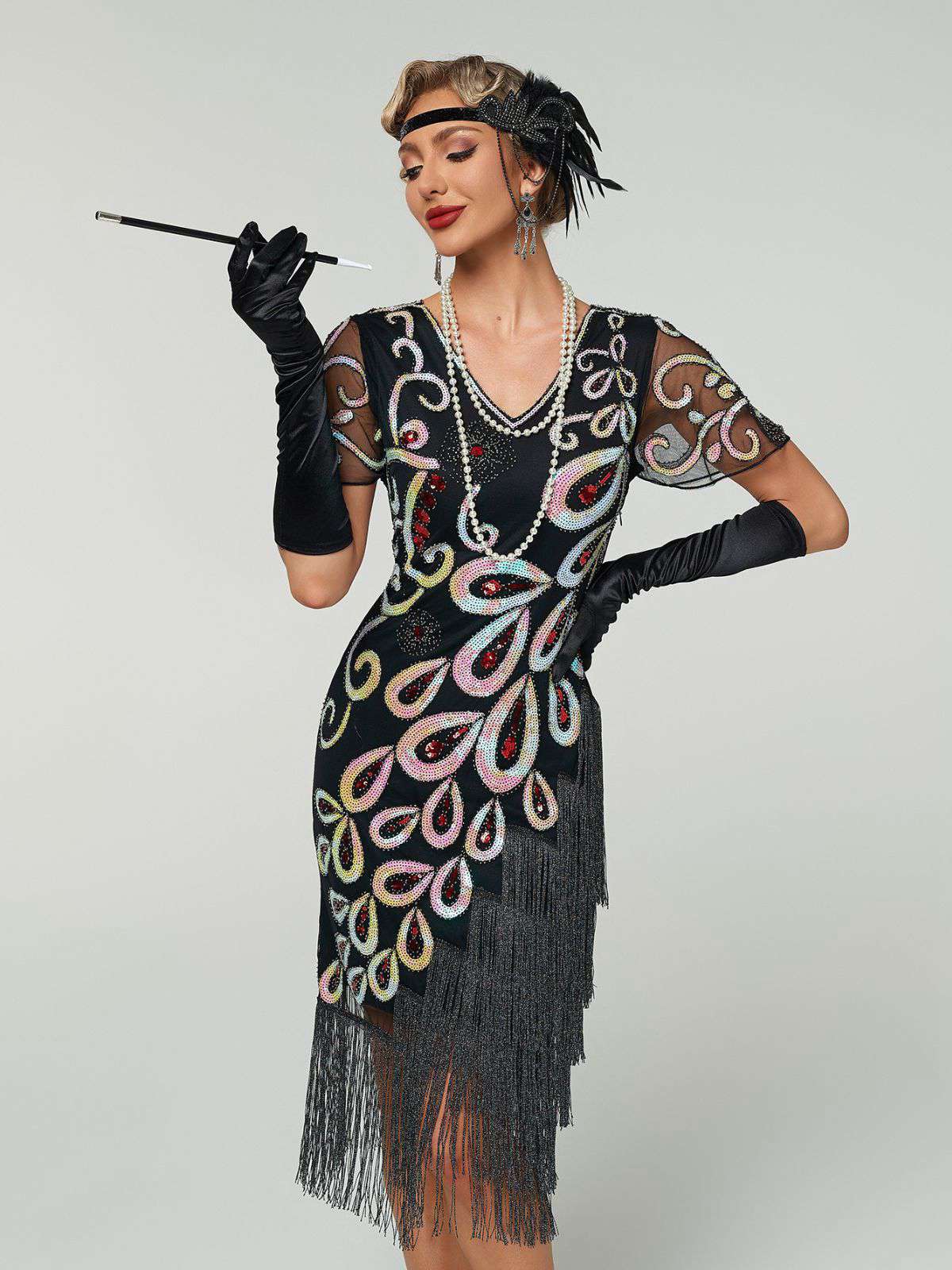 Schwarz 1920er Pfau Pailletten Perlen Fransen Flapper Kleid - Image 2