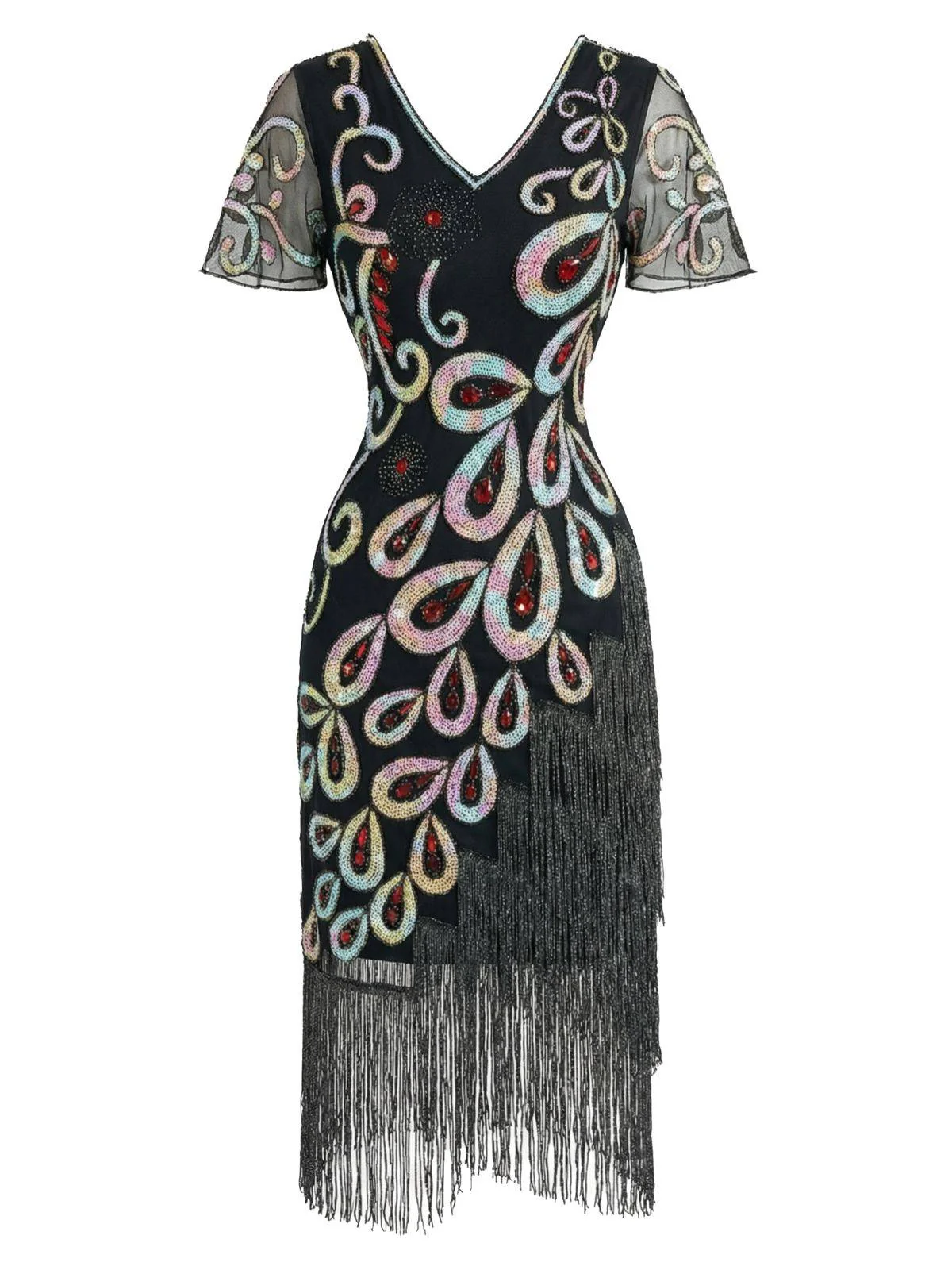 Schwarz 1920er Pfau Pailletten Perlen Fransen Flapper Kleid - Image 3