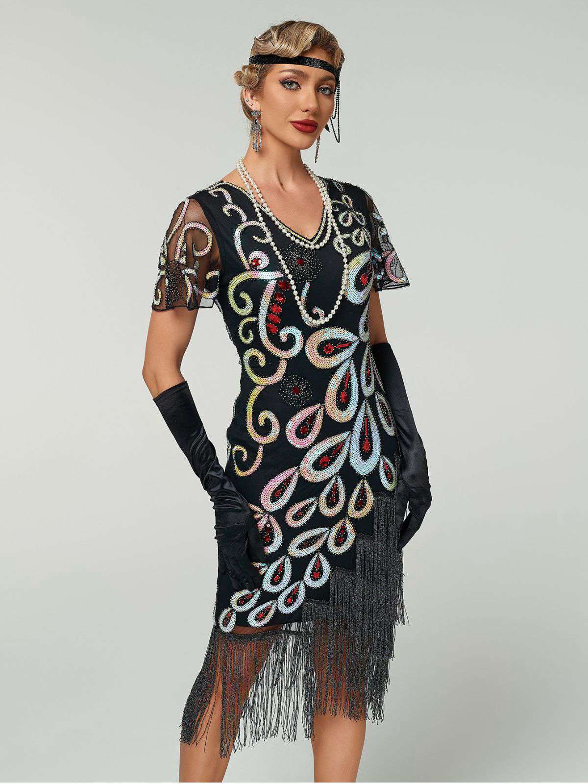 Schwarz 1920er Pfau Pailletten Perlen Fransen Flapper Kleid - Image 4