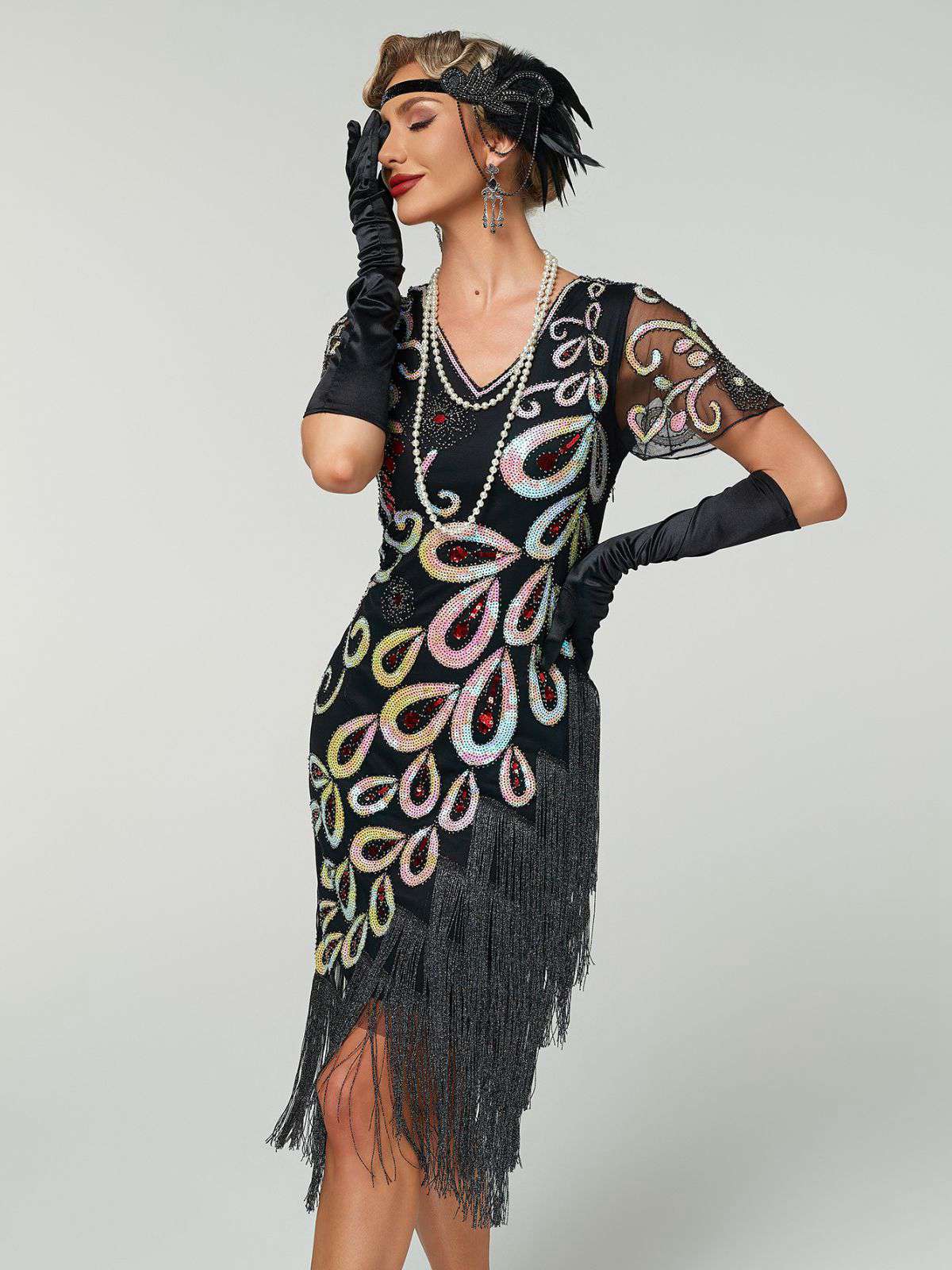 Schwarz 1920er Pfau Pailletten Perlen Fransen Flapper Kleid - Image 5