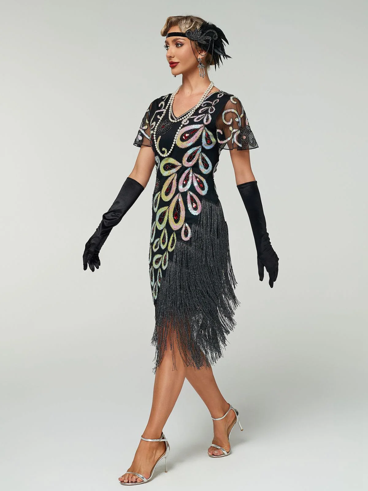 Schwarz 1920er Pfau Pailletten Perlen Fransen Flapper Kleid - Image 6