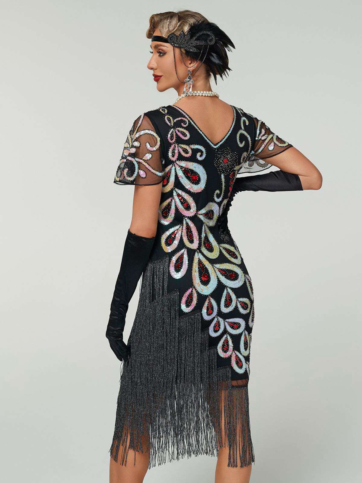 Schwarz 1920er Pfau Pailletten Perlen Fransen Flapper Kleid - Image 7