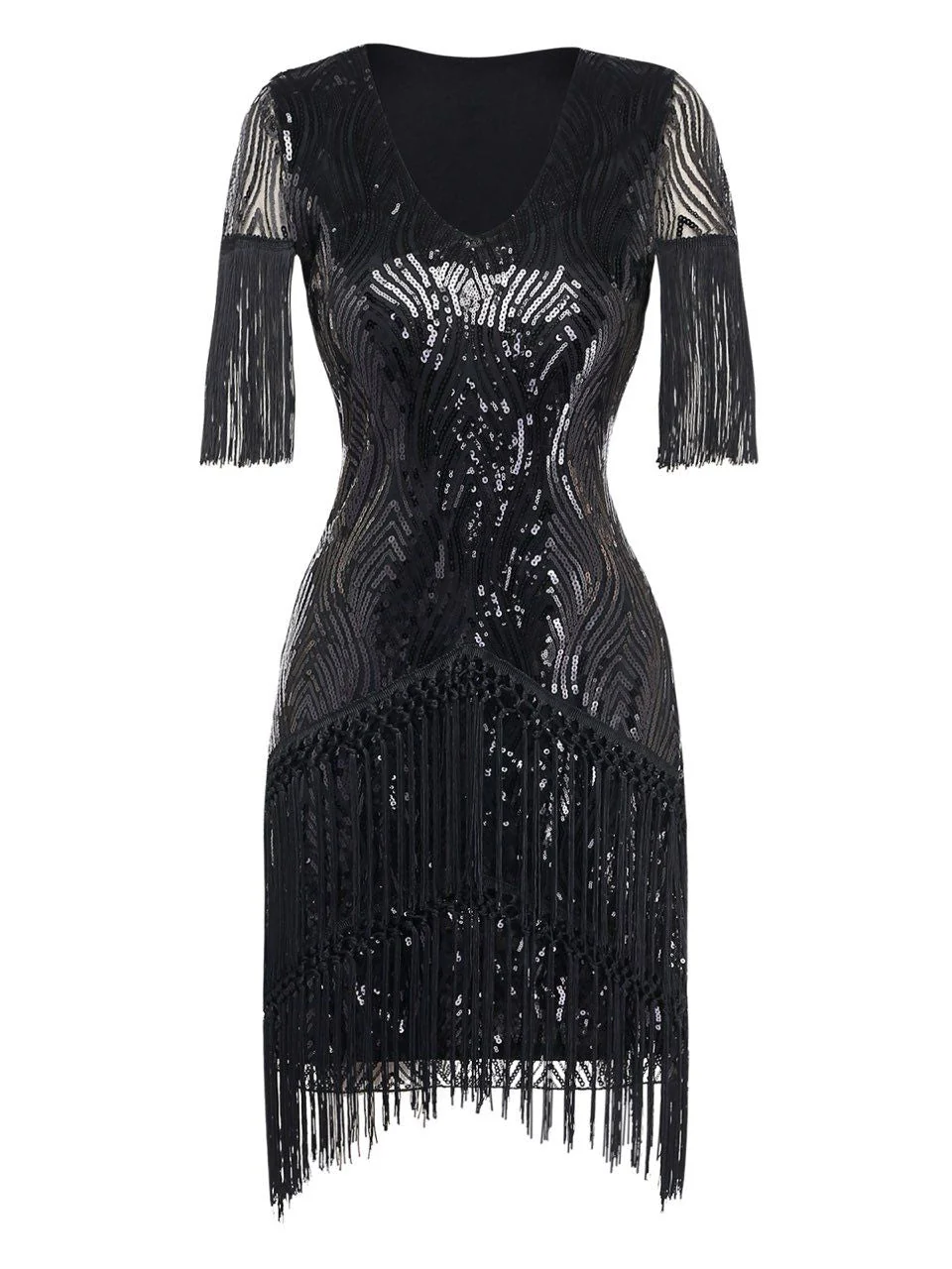 Schwarz 1920er Quasten Fransen Pailletten Gatsby-Stil Flapper Kleid - Image 2