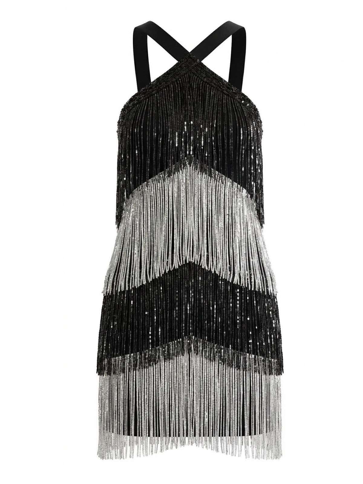 Schwarz 1920er Riemchen Fransen Pailletten Cocktail Kleid - Image 3