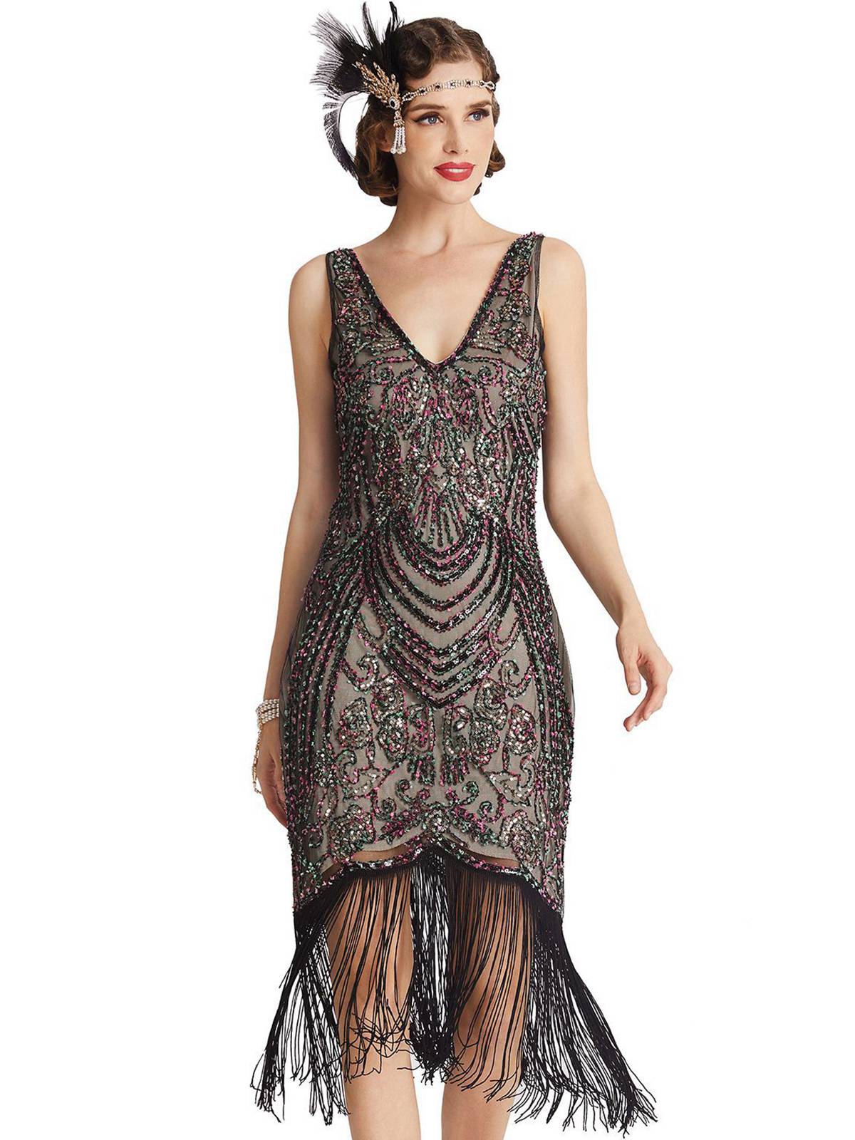 Schwarz 1920er V-Ausschnitt Blumen Pailletten Kleid - Image 3