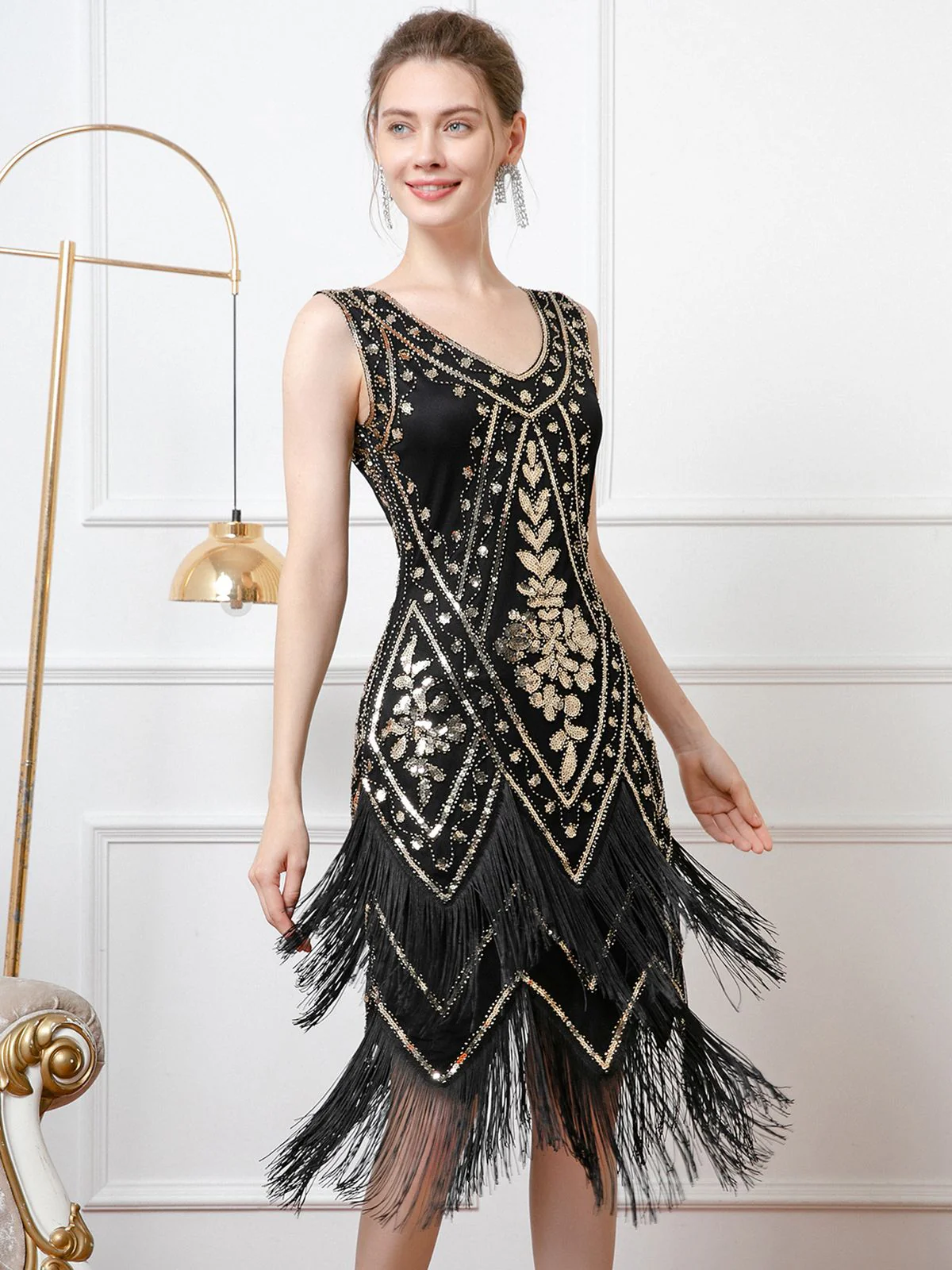 1920er V-Ausschnitt Pailletten Quaste Klappe Ärmellos Kleid - Image 5