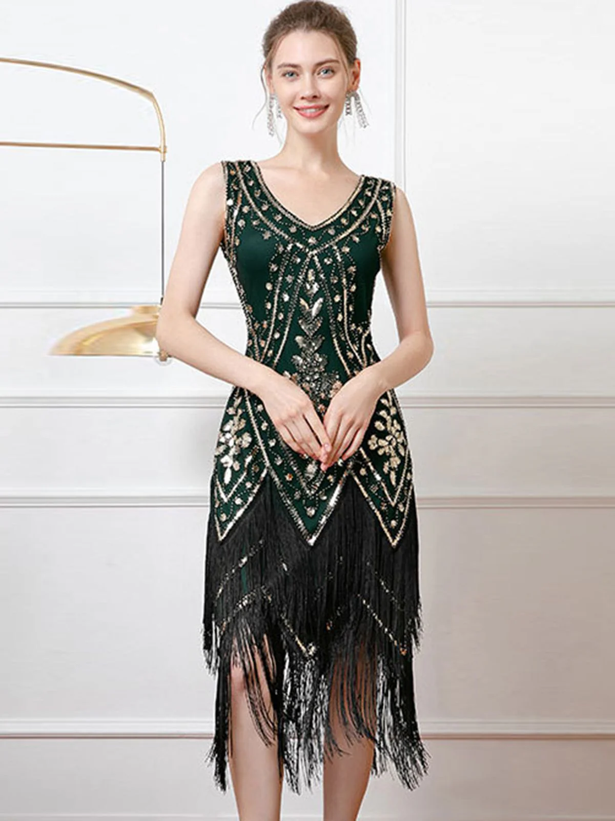 1920er V-Ausschnitt Pailletten Quaste Klappe Ärmellos Kleid - Image 2