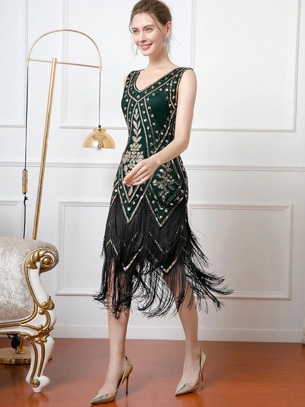 1920er V-Ausschnitt Pailletten Quaste Klappe Ärmellos Kleid - Image 3