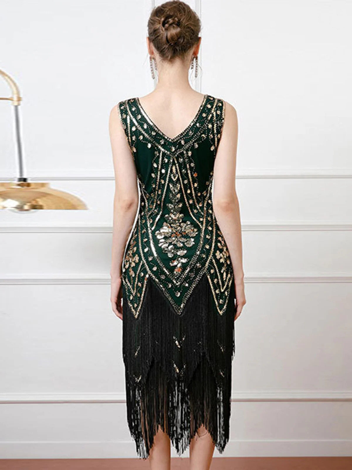 1920er V-Ausschnitt Pailletten Quaste Klappe Ärmellos Kleid - Image 4
