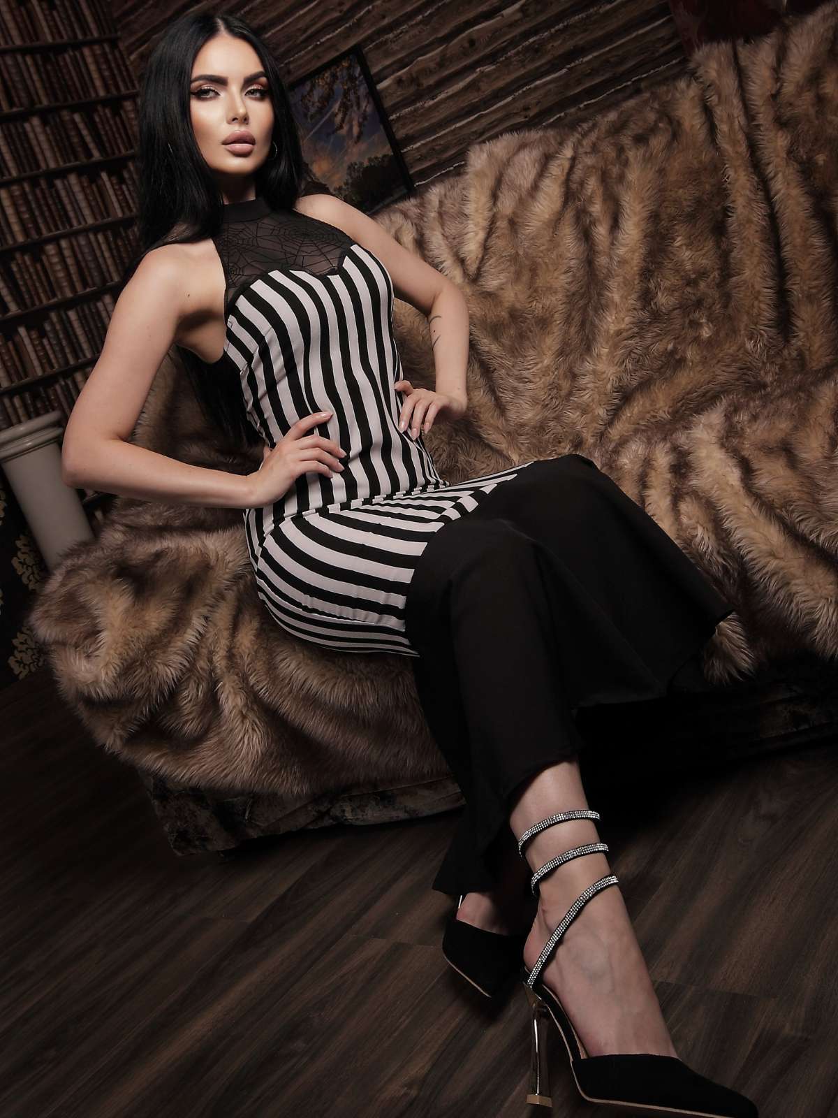 Schwarz 1930er Beetlejuice Kostüm Spinnennetz Streifen Fischschwanz Kleid - Image 4