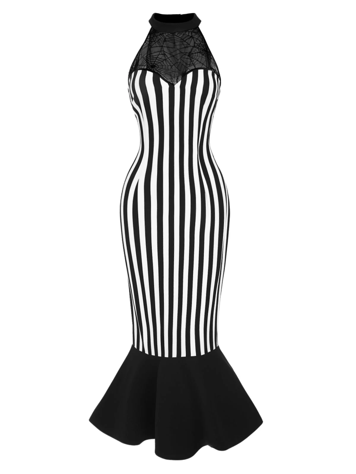 Schwarz 1930er Beetlejuice Kostüm Spinnennetz Streifen Fischschwanz Kleid - Image 4