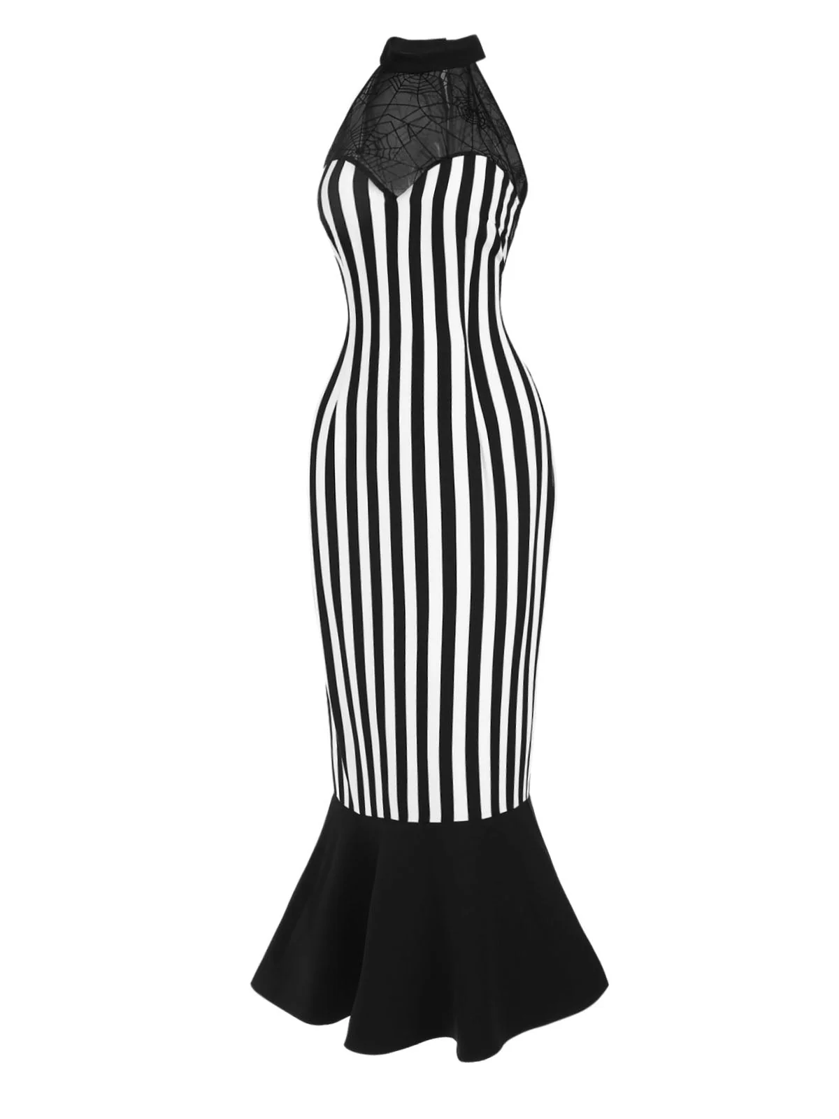 Schwarz 1930er Beetlejuice Kostüm Spinnennetz Streifen Fischschwanz Kleid - Image 5