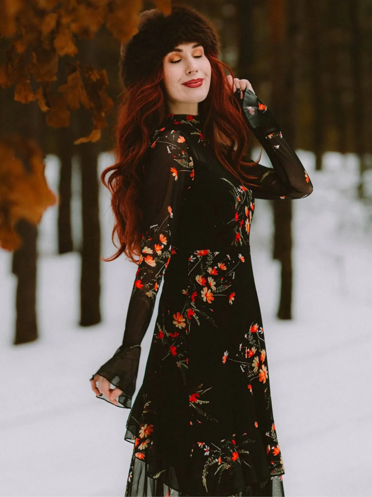 Schwarz 1930er Blumen Netz Rüschen Maxi Kleid - Image 2