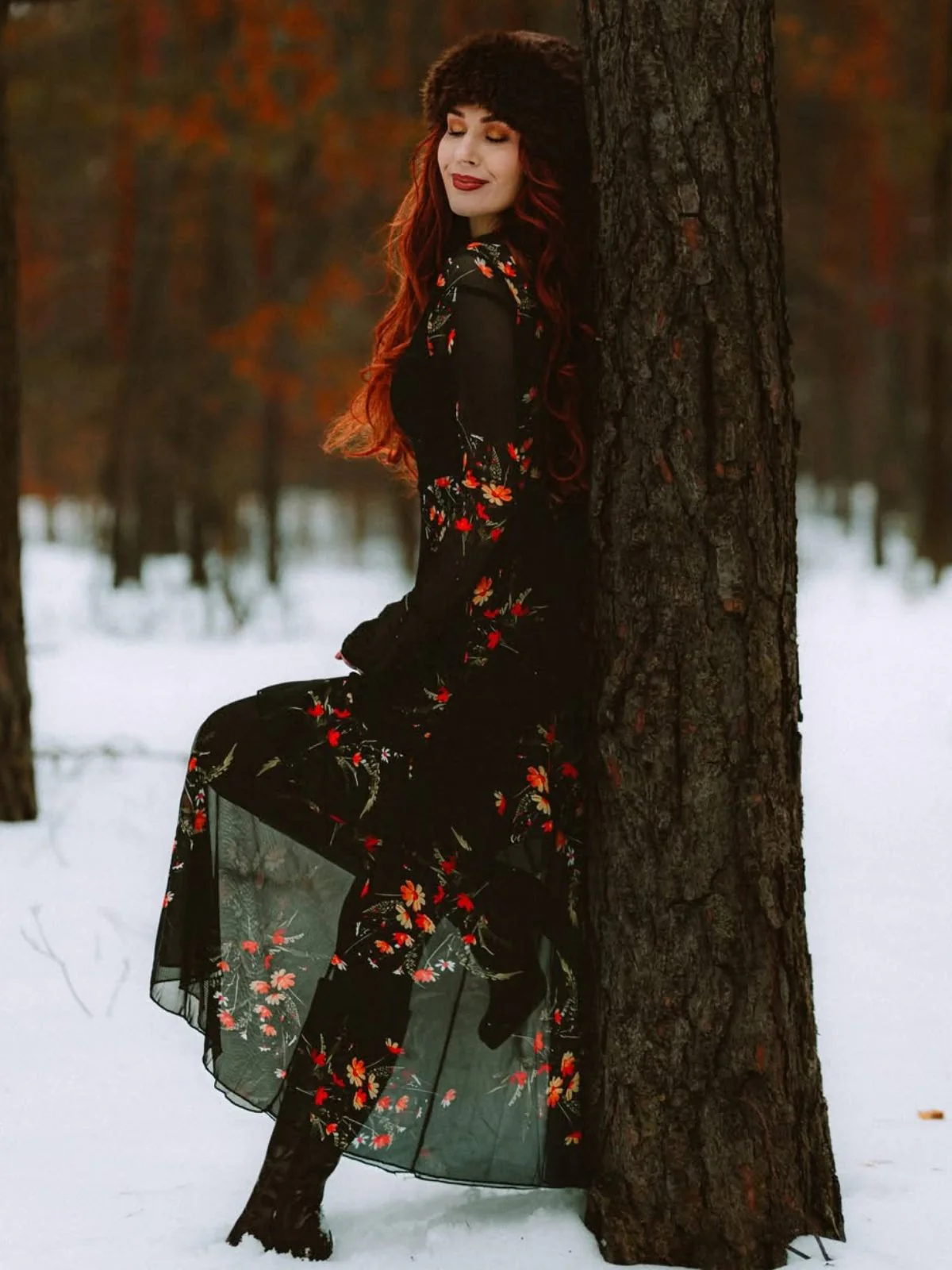 Schwarz 1930er Blumen Netz Rüschen Maxi Kleid - Image 2