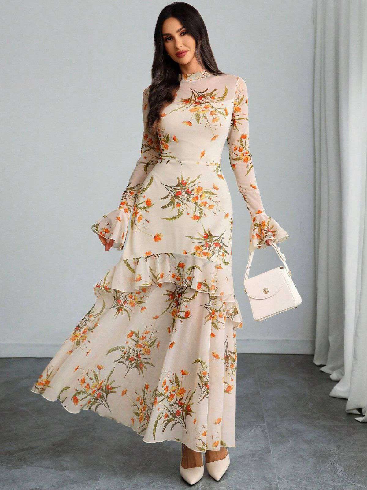 Rot 1930er Blumen Netz Rüschen Maxi Kleid - Image 13
