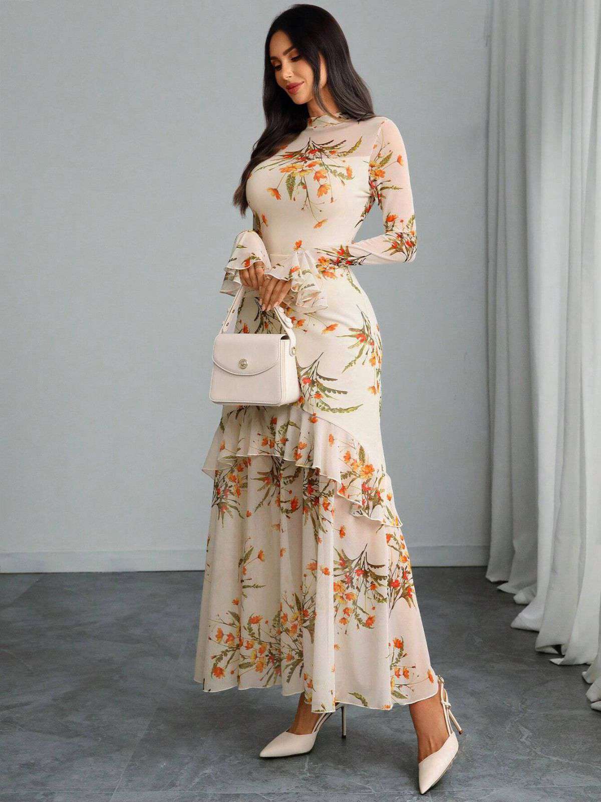 Rot 1930er Blumen Netz Rüschen Maxi Kleid - Image 14
