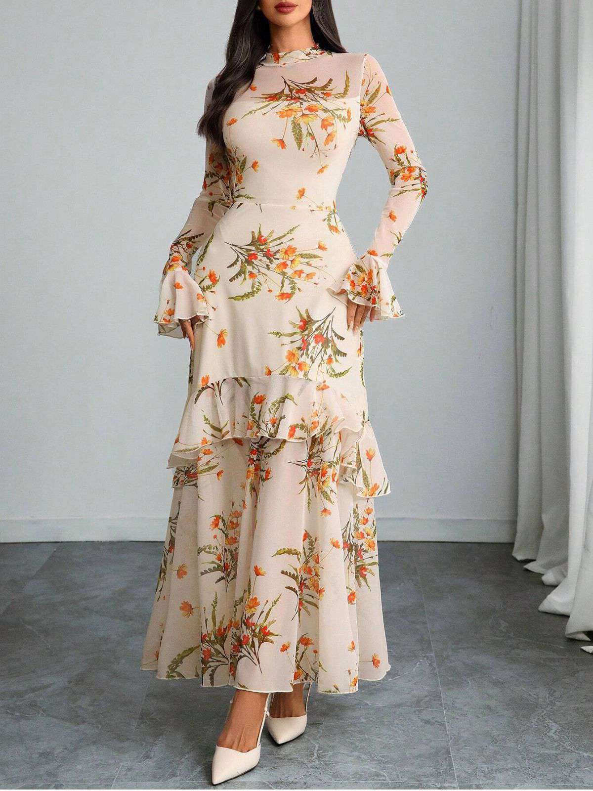 Rot 1930er Blumen Netz Rüschen Maxi Kleid - Image 15