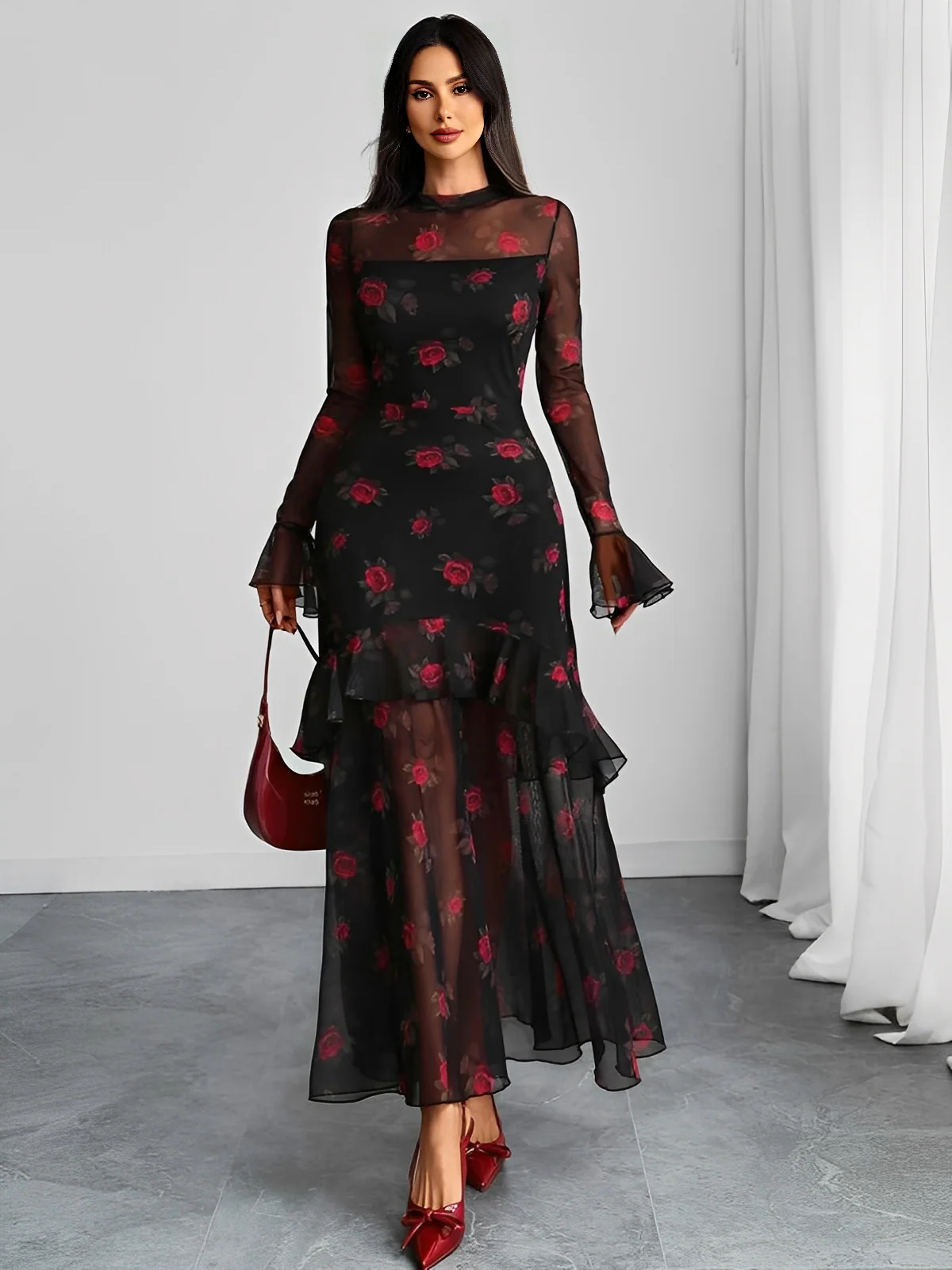 Rot 1930er Blumen Netz Rüschen Maxi Kleid - Image 2