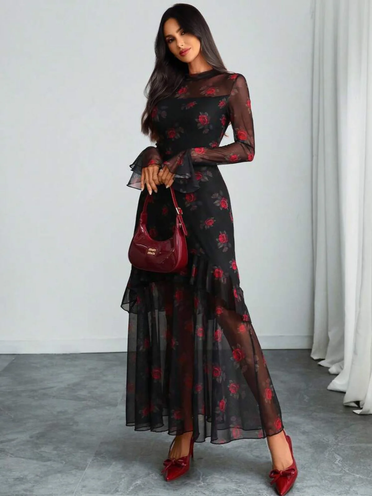 Rot 1930er Blumen Netz Rüschen Maxi Kleid - Image 3