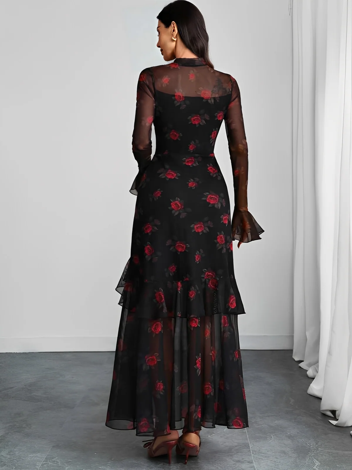Rot 1930er Blumen Netz Rüschen Maxi Kleid - Image 4