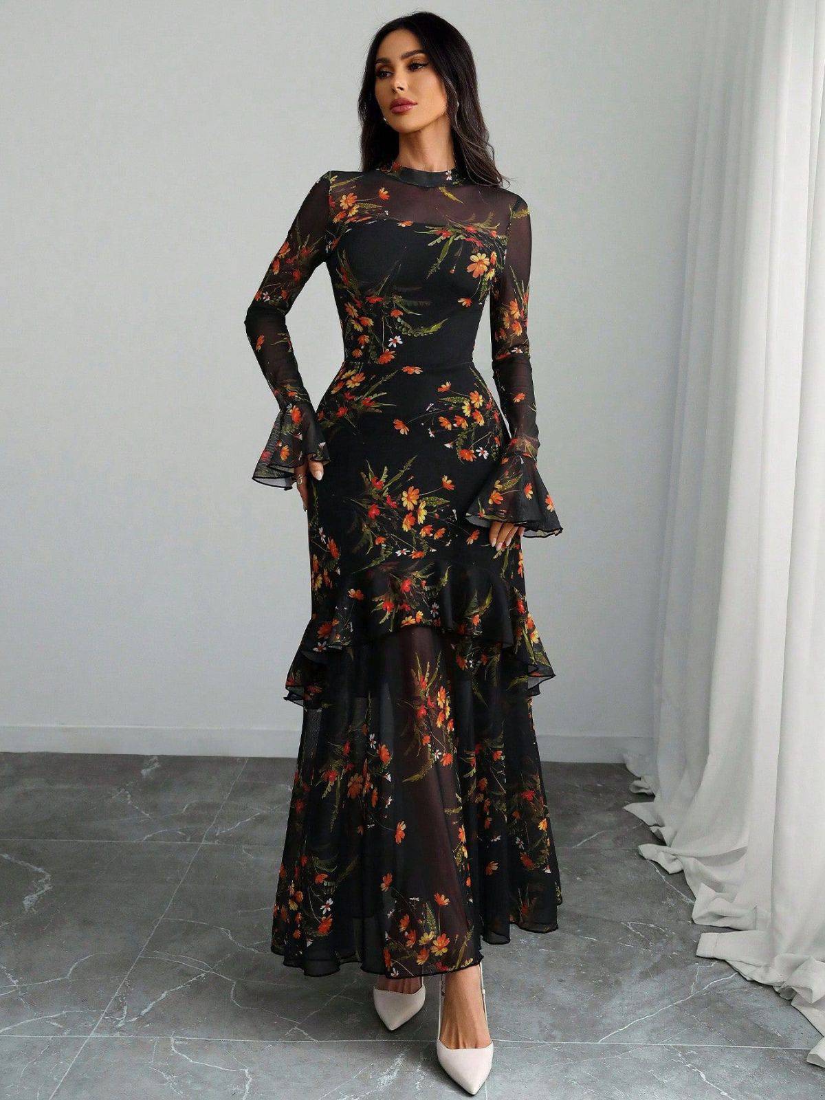 Rot 1930er Blumen Netz Rüschen Maxi Kleid - Image 5