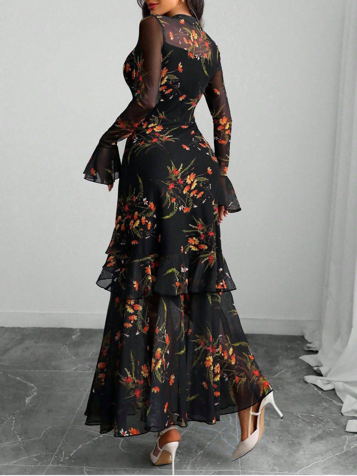 Rot 1930er Blumen Netz Rüschen Maxi Kleid - Image 6