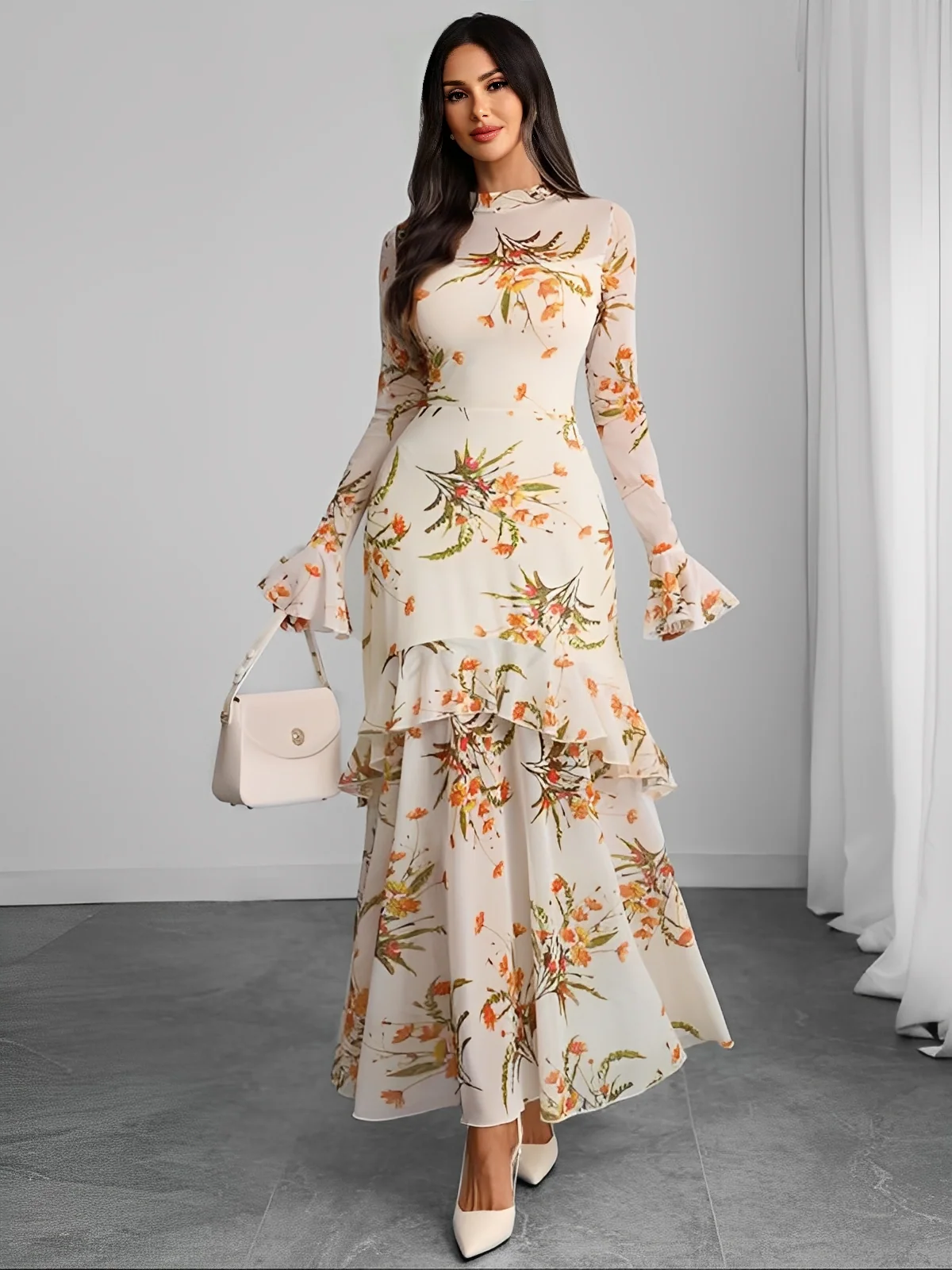 Rot 1930er Blumen Netz Rüschen Maxi Kleid - Image 11