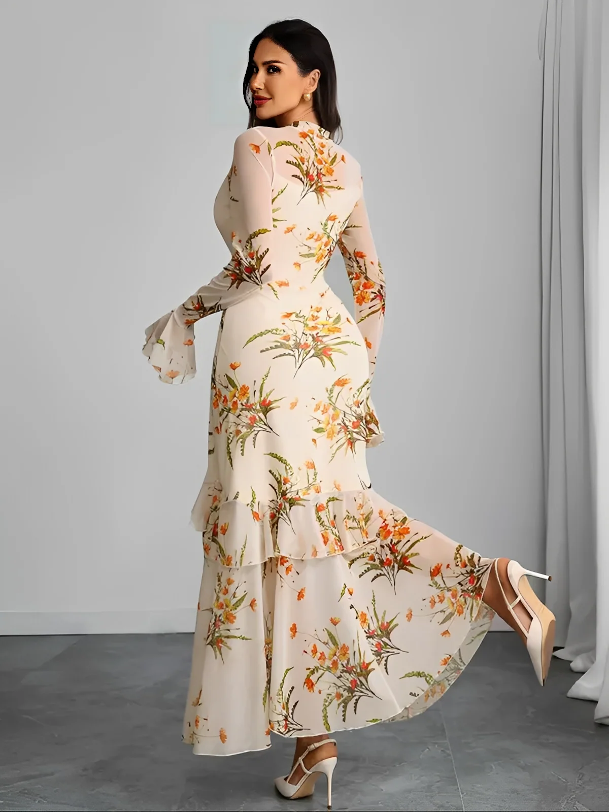 Rot 1930er Blumen Netz Rüschen Maxi Kleid - Image 12