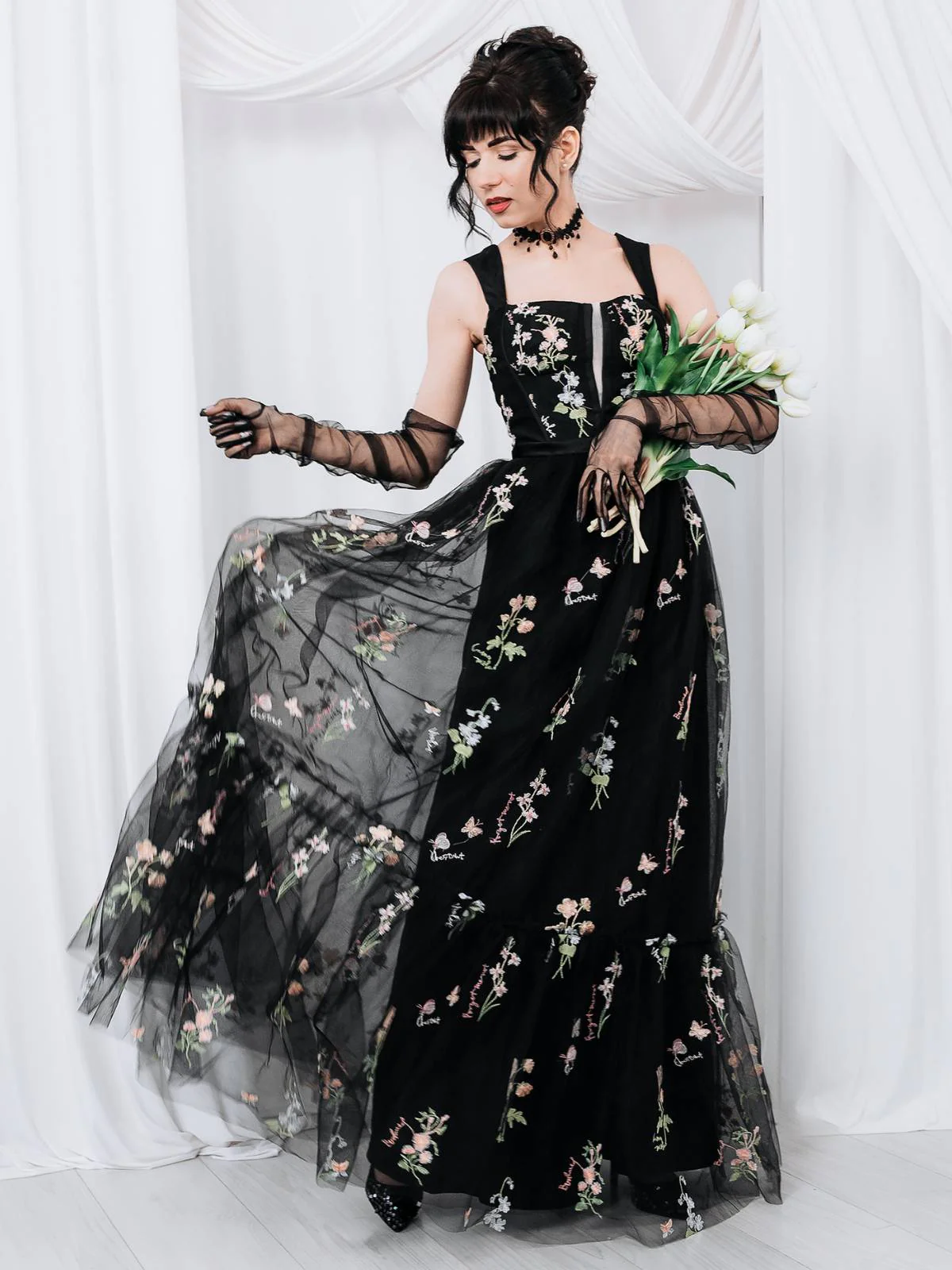 Schwarz 1930er Blumen Netz StĂ€bchen SchnĂŒrung Kleid