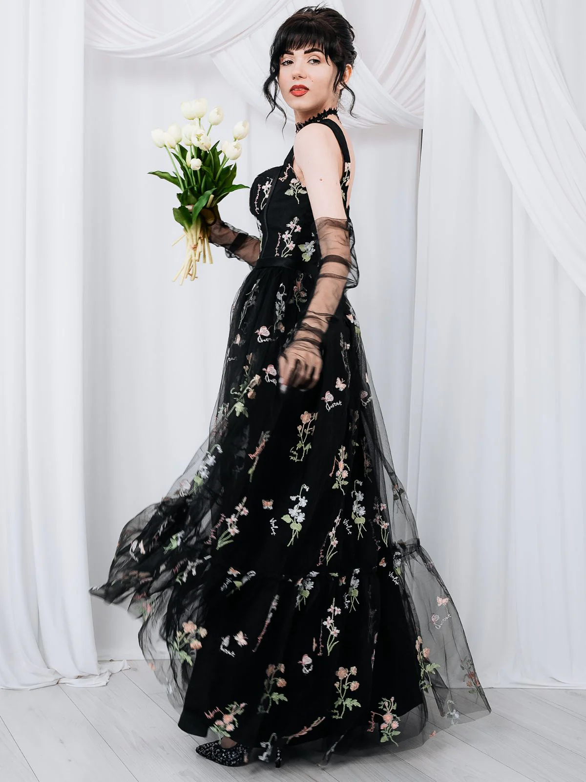 Schwarz 1930er Blumen Netz StĂ€bchen SchnĂŒrung Kleid - Image 2