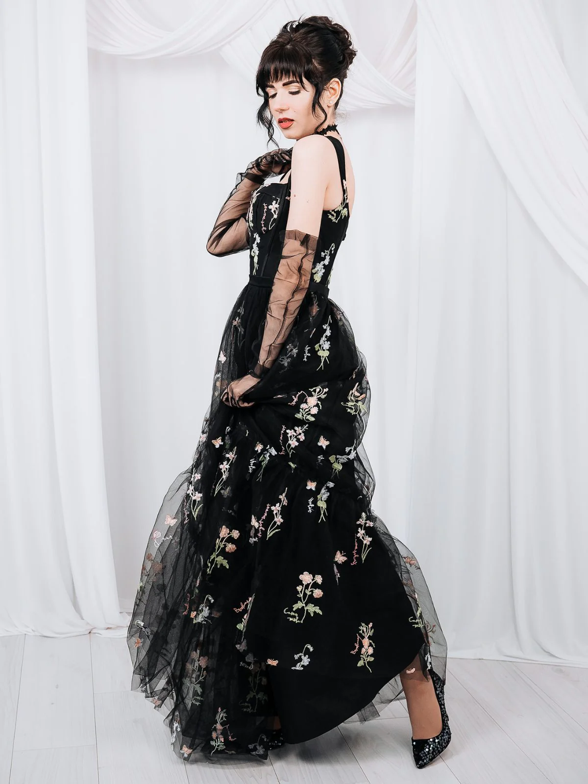 Schwarz 1930er Blumen Netz StĂ€bchen SchnĂŒrung Kleid - Image 3